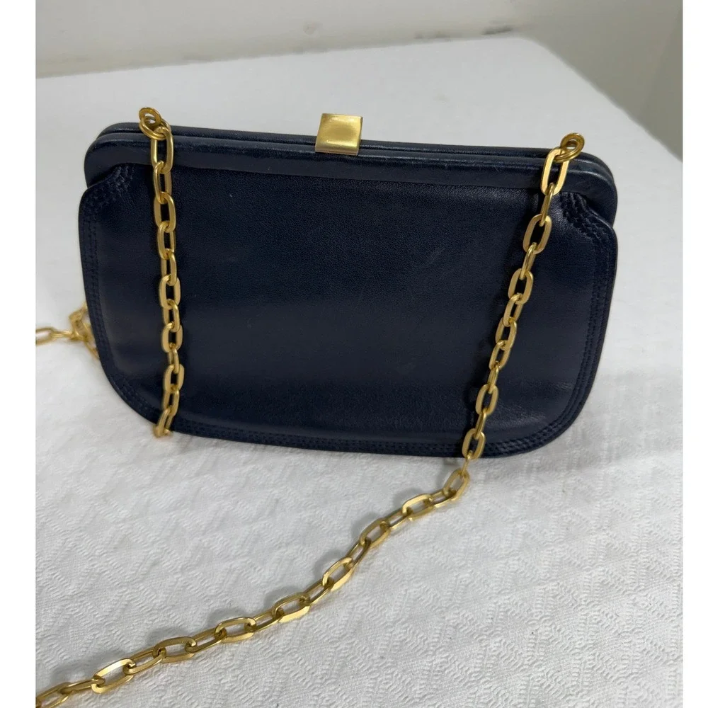 Liz Claiborne Vintage Navy Blue‎ Leather Frame Crossbody Bag Gold Chain Strap